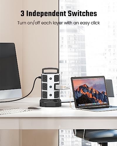 JACKYLED Power Strip Tower Surge Protector with 12 Outlets and 6 USB Ports (2 USB-C) – High-Speed Charging Station with 1050 Joules Protection, 1625 Watts, 6.5 ft Extension Cord for Enhanced Home Office Efficiency and Device Safety