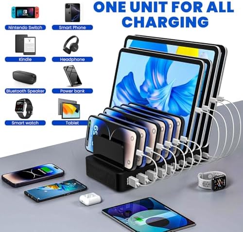 Ultimate 10-Port USB Charging Hub with 100 W Power Output and Adjustable Dividers – Fast Type-C 3 A Multi-Device Charging Station for Home and Office Organization – Enhance Efficiency and Declutter Your Workspace