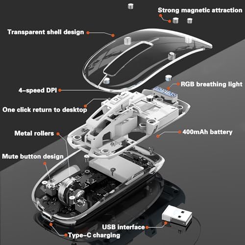 Sleek Gray Transparent Mini Silent Mouse – Rechargeable Type-C Wireless Mouse with Power Display & Magnetic Cover for Effortless Cleaning – Ideal for PC, Laptop, and Phone Use – Ergonomic Design for Ultimate Comfort