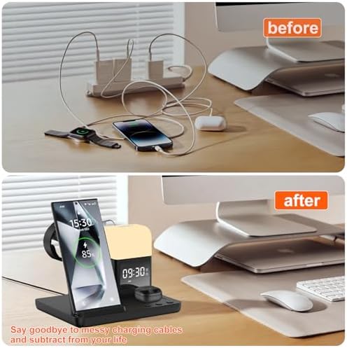 Ultimate 6-in-1 Wireless Charging Station for Samsung & Android: Fast Charger with Alarm Clock & Night Light for Galaxy S25 Ultra, S24, S23, and Samsung Watch7 – Space-Saving Design, Enhanced Compatibility, and Sleek Black Finish for Modern Living
