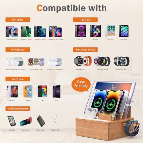 Bamboo Charging Station Organizer with 5-Port USB Hub and Charging Cables – Elegant Multi-Device Dock for Phones, Tablets, and Smartwatches – Eco-Friendly and Efficient Charging Solution for Home and Office Decor