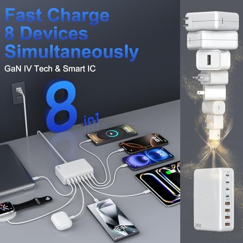 200 W Ga N III USB C Charging Station Hub – 8-Port Power Adapter for Rapid Device Charging – Multi-Device Compatibility for Mac Book, DELL, i Pad, i Phone 15/16, Samsung S24/S25, Steam Deck – Ultra-Fast Power Delivery (PD) 65 W for Home & Office Use – Compact & Efficient Design