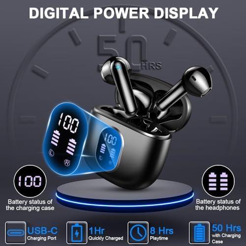 Revolutionary Bluetooth 5.3 Wireless Earbuds with Extended 50-Hour Playback, IP7 Waterproof Protection, and Premium Noise Cancelling – Ideal for Active Lifestyles, Featuring Fast USB-C Charging and LED Battery Monitoring for Uninterrupted Audio Enjoyment