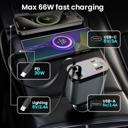 Innovative 66 W Retractable Car Charger Adapter with Ambient Starlight – 4-in-1 Fast Charging USB C Hub for i Phone 16/15/14/13/12/11, Galaxy, and Pixel Devices – Dual Retractable Cables for Effortless Multi-Device Charging and Clutter-Free Travel