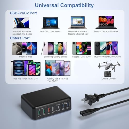 Bangfun 180 W USB C Charging Hub – 7-Port Fast Charging Station for i Phone, i Pad, Samsung – Multi-Device Power Adapter with Smart Technology for Rapid & Efficient Charging – Compact Black Design for Home & Office Use