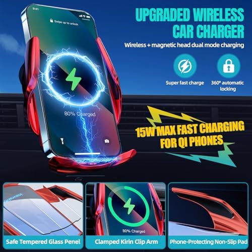 Max 15 W Fast Wireless Car Charger with Auto-Clamping Phone Holder – Qi-Certified Mount for i Phone 16/15/14/13/12 Pro Max & Samsung Galaxy S24/S23/S22/S21/S20/Note20 – Sleek Silver Design for Secure, Hands-Free Charging