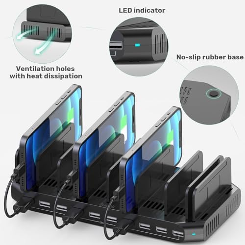 Ultimate 10-Port USB Charging Station with QC3.0 – 60 W Multi Charger Hub for Tablets & Smartphones, Customizable Dividers for Organized Power Management, Fast Charging Technology for Home & Office Use
