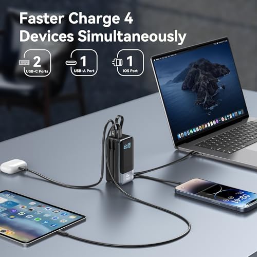 Ultimate Fast Charging Power Bank 18400 m Ah 65 W – Portable Laptop Charger with Built-in USB-C & Lightning Cables, LED Display, Ideal Travel Battery Pack for i Phone 16/15/14/13/12, Mac Book & Samsung – Unmatched Compatibility & Efficiency