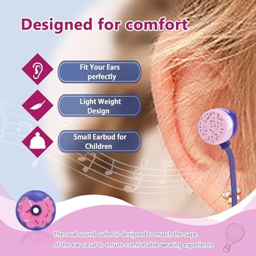 Vibrant Purple Donut Kids Earbuds – Comfortable In-Ear Headphones with Built-In Microphone and Storage Case for School Use – Perfect Wired Earphones for Learning, Play, and Active Lifestyles – Enhanced Compatibility with Multiple Devices
