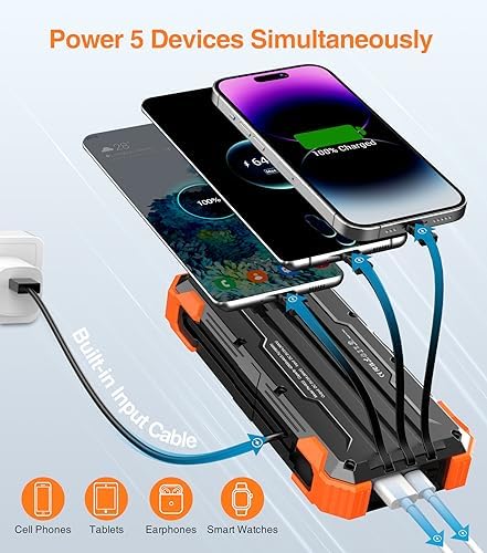 GOODaaa 42800 m Ah Portable Solar Power Bank with Built-in Cables and 15 W Fast Charging – Multi-Device Outdoor Charger with 5 Outputs, 3 Inputs, Emergency Flashlight and Durable Carabiner for Ultimate Convenience and Reliability