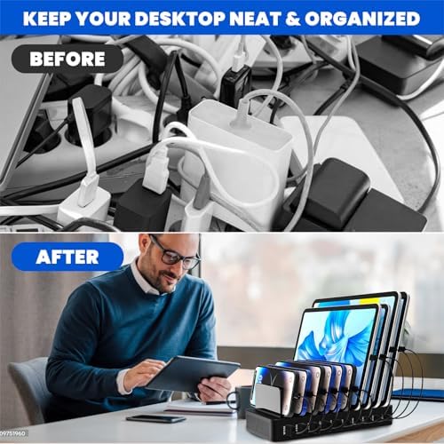 Multi-Device Charging Station with 10 Ports and Smart IC Technology – 100 W Power Dock with Adjustable Dividers and 10 Cables for Efficient Charging of i Phone, Galaxy, i Pad, Tablets – Space-Saving Flat Plug Design for Home and Office Use