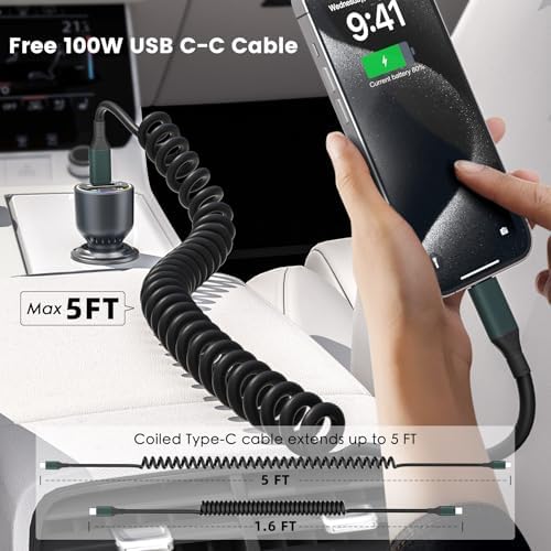 Experience Ultimate Road Power with the HUNDA 160 W USB C Car Charger – Triple Port Fast Charging for i Phone 15, Galaxy S24 & More – PD 100 W & 30 W High-Speed Charging, Compact Design for On-the-Go Convenience, Multi-Device Compatibility with Smart Safety Features for Overcharge Protection