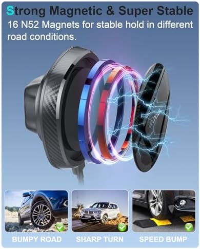 OQTIQ Mag Safe Cup Holder Wireless Charger for i Phone 12-16 – Fast Charging Magnetic Phone Mount with Heat Dissipation, Adjustable Fit, and QC 3.0 Adapter – Ultimate Convenience for On-the-Road Power and Navigation