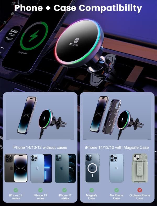 MOKPR 15 W Mag Safe Car Charger & Magnetic Phone Holder – Effortless Fast Wireless Charging with Dynamic LED RGB Lighting for i Phone 15/14/13/12 Series – Stylish Dash & Air Vent Mount for Enhanced Driving Experience and Convenient Accessibility