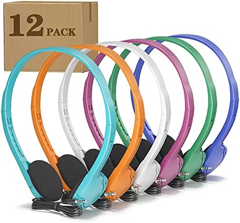 Colorful Classroom Headphones 12-Pack: Disposable Wired Audio Solution for Kids – Lightweight, Tangle-Free Design for Enhanced Learning and Hygiene in Educational Settings