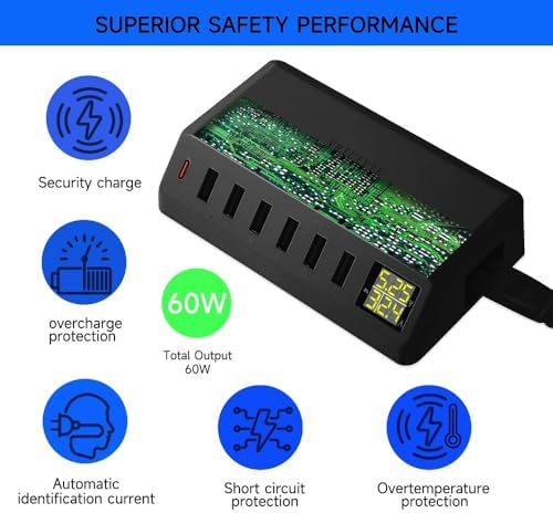 High-Power 7-Port USB Charging Hub with LED Display – 60 W/12 A Multi-Device Power Station for i Phone 14/13/12, Galaxy Tablets, Pixel, Headphones & More (Sleek Black) – Efficient PD20 W Rapid Charging Solution for Home & Office Use