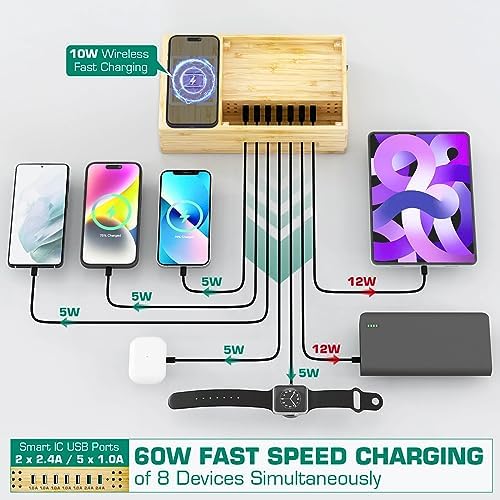 Eco-Friendly Bamboo Wireless Charging Station – Versatile Docking Organizer with 7 USB Ports for Fast Qi-Certified Charging of Smartphones, Smartwatches, Earbuds, and Tablets – Sleek Design for Enhanced Productivity and Clutter Reduction