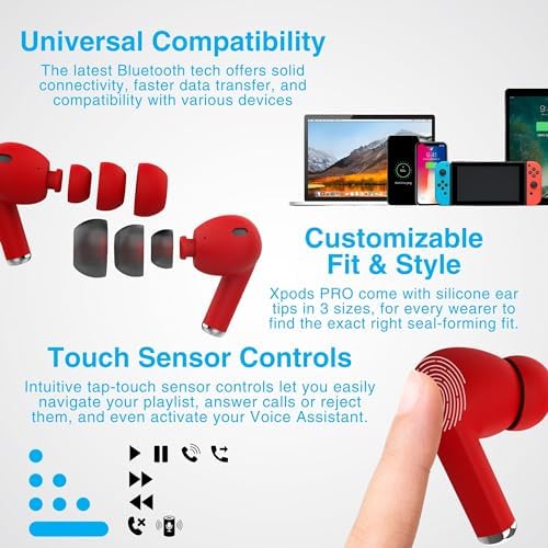 Naztech Xpods PRO True Wireless Earbuds – Advanced Noise Cancelling Sports Earbuds with Touch Control, IPX4 Waterproof Design, High-Definition Sound, Secure Fit for Active Lifestyles, Wireless Charging Case Included – Red Edition for Enhanced Mobility and Performance