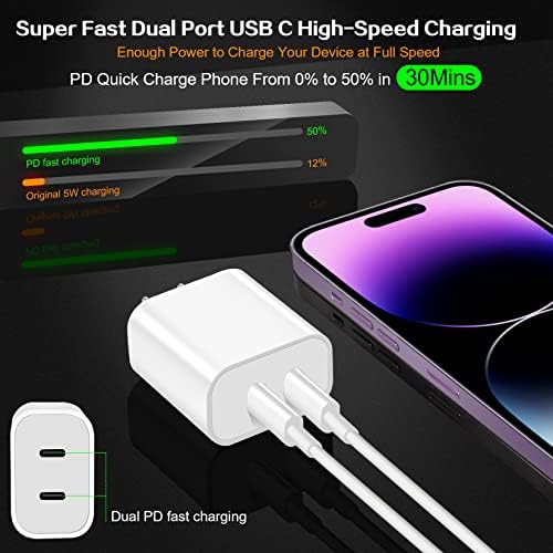 Ultra-Fast Dual Port USB-C i Phone Charger with 10 FT Quick Lightning Cables – High-Efficiency Charging Block for i Phone 14 Pro Max, 13 Pro, 12, 11, XS, XR, 8, SE – Ideal for Home and Travel, 2-Pack for Maximum Convenience and Speed