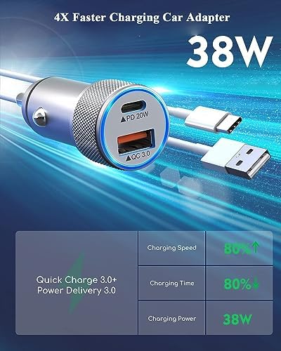 High-Performance i Phone Car Charger – Dual-Port 38 W USB-C & QC3.0 Fast Charging Adapter with 2 Lightning Cables, MFi Certified for i Phone 14, 13 Pro Max, 12, 11, X – Sleek Grey Design for Enhanced Compatibility and Efficiency on the Road