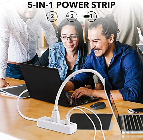 Elevate Your Charging Game with the Clear Power 2-Outlet Power Strip – 6 ft Flat Plug Power Station Featuring 3 USB Ports (1 USB-C) for Rapid Device Charging, Ideal for Home, Office & Travel, Durable & Compact Design, White, Model DC3 S-1102-DC