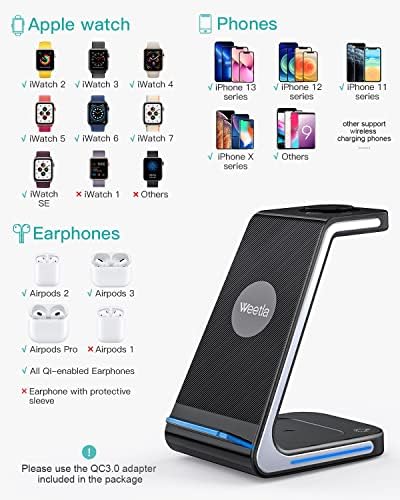 Weetla 3-in-1 Premium Wireless Charger for i Phone, Apple Watch & Air Pods – Lightning-Fast Charging for i Phone 13/12/11 and All Compatible Models – Space-Efficient Design with Secure Non-Slip Base for Ultimate Convenience and Organization