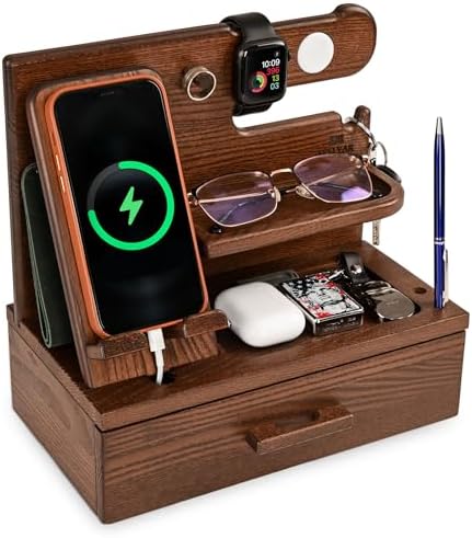 TESLYAR Wood Phone Docking Station with Drawer – Nightstand Organizer – Desk Organizer for Husband – Birthday Gifts for Men, Dad, Anniversary Idea, Key Holder Stand Watch & Accessories (Bourbon Brown) – Enhanced Compatibility and Speed