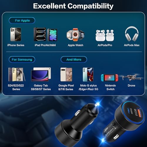 38 W Dual USB-C Car Charger | Fast Charging Multi-Port Adapter | Boxeroo 3-Pack Cigarette Lighter Charger for i Phone 16/15/14/13/12 Pro & Samsung | PD/QC 3.0 Technology for Rapid Power Delivery | Compact, Durable, and Versatile Charging Solution for Road Trips & Daily Commutes | Stay Powered On-the-Go with Enhanced Compatibility and Safety Features