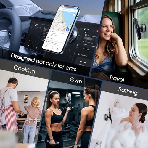 360° Rotatable Vacuum Magnetic Phone Holder, Adjustable Hands-Free Suction Cup Car Phone Mount for Car/Gym/Mirror/Smooth Surface, Compatible with iPhone Android and All Smartphones – Enhanced Compatibility and Speed