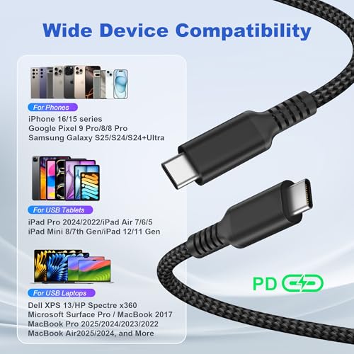 Basesailor 10 ft USB C to USB C Power Delivery Charging Cable – 100 W Fast Charger for i Phone 16/15 Pro Max, Mac Book, i Pad Air 4/5, Mini 6, and Samsung Galaxy S22/S23/S24/S25 – Durable 2 Pack for Enhanced Speed and Efficiency