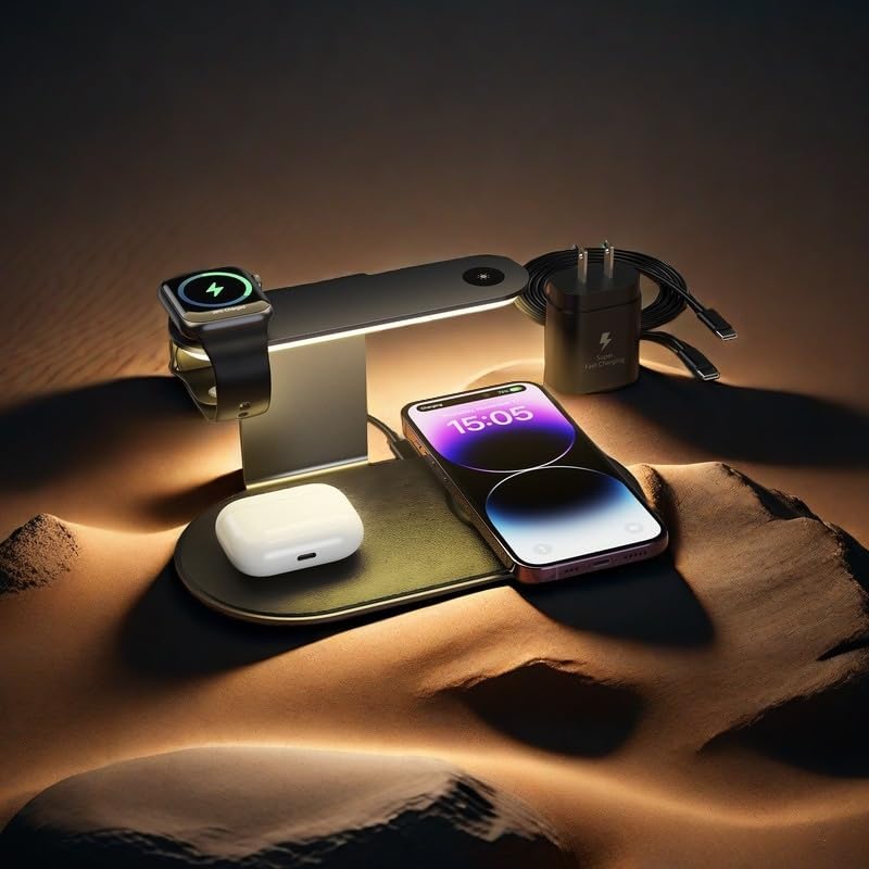 4-in-1 Wireless Charging Station with Adjustable LED Night Light – Fast Charging Dock for i Phone 12-16, Apple Watch Series 1-8/Ultra & Air Pods – Enhanced Safety Features, Seamless Magnetic Alignment, and Premium Metal Design for Home or Office Use