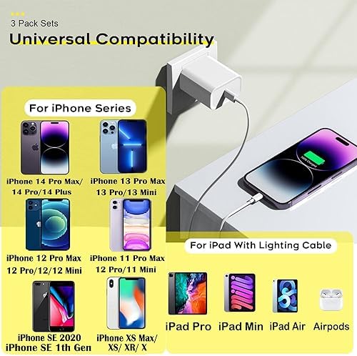 Rapid Charge Bundle: 3-Pack 6 FT USB-C to Lightning Cables for i Phone – Ultra-Fast Charging Compatibility with i Phone 14 Pro Max, 14 Plus, 13, 12 Mini, 11, 10, XS, SE – Durable & Convenient Charging Solution for Home, Office, and Travel