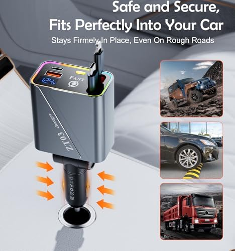 Ultra-Fast 4-in-1 Retractable Car Charger – 66 W Multi-Device Adapter with 35.5” Tangle-Free Cords & Stylish RGB Lighting for Seamless Charging of i Phone 16/15/14/13/12/11, Mac Book, Samsung, Tablets, and Android Devices – Compact Car Accessory for Ultimate Convenience and Compatibility