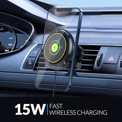 Experience Unmatched Convenience with the 15 W Mag Safe Car Mount Charger – Fast Wireless Charging for i Phone 12-16 Series, Effortless Magnetic Hold for Secure Navigation and Streaming, Sleek Air Vent Design for Maximum Visibility and Accessibility, Perfect for On-the-Go Lifestyle and Modern Automobile Interiors