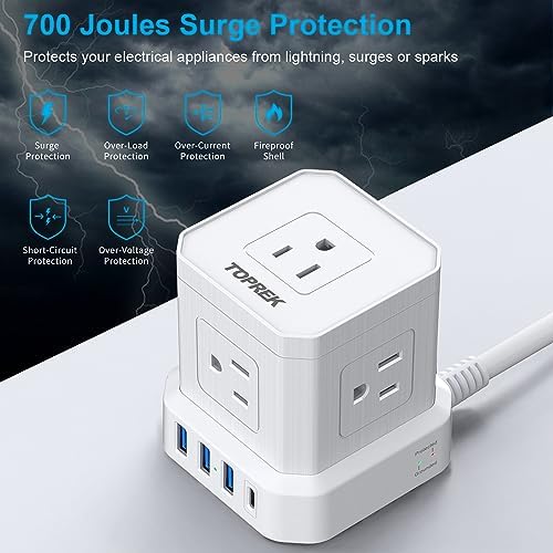 TOPREK Ultra-Slim 5-Outlet Power Strip with USB-C and USB-A Ports – 5 FT Flat Extension Cord Surge Protector for Efficient Charging in Home, Office, and Travel – Compact Design for Enhanced Portability and Safety