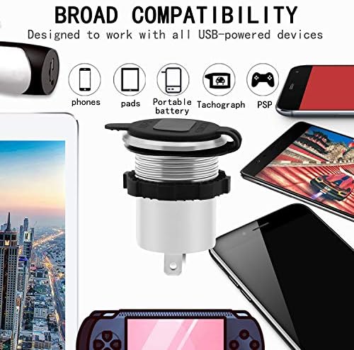 Upgraded Aluminum Alloy Quick Charge 3.0 Dual USB Car Charger Socket with Built-in Voltmeter – Fast, Reliable Charging Solution for Vehicles, Boats, and RVs – Sleek Silver-Green Design for Enhanced Aesthetic Appeal and Performance