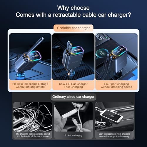 Revolutionary 4-in-1 Retractable Car Charger – 146 W Fast Charging Solution with PD 65 W & 30 W Outputs, 2.9 ft Tangle-Free Cord, RGB Light for Enhanced Visibility, Perfect Compatibility for i Phone 16/15/14/13/12, Android Devices & Laptops – Sleek Gray Design for Modern Vehicles