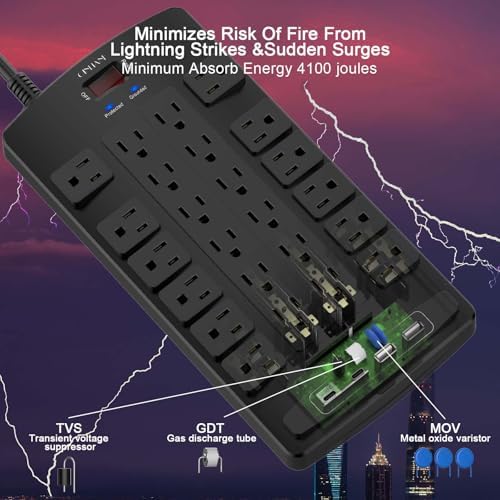Ultimate QINLIANF Surge Protector Power Strip – 6 Ft Heavy-Duty Extension Cord with 24 Versatile Outlets and 4 High-Speed USB Ports (2 USB-C), 1875 W/15 A Capacity, 4100 J Surge Protection for Home, Office, and Dorm Use – ETL Certified for Maximum Safety and Reliability