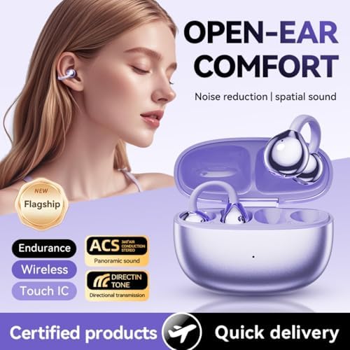 Revolutionize Your Audio Experience with Purple Wireless Bone Conduction Earbuds – Ultra-Lightweight Open Ear Clip-On Headphones Featuring Bluetooth 5.4, Engineered for Active Lifestyles and Enhanced Comfort, Waterproof Durability for Intense Workouts, Stay Aware and Connected with Superior Sound Quality