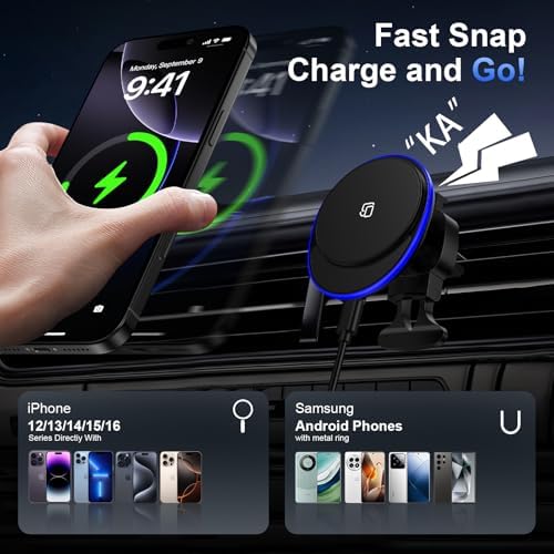 Enhanced Wireless Mag Safe Car Charger for Samsung Galaxy S25 Ultra, Google Pixel 9, and i Phone 16 – 15 W Fast Magnetic Charging Mount for Secure Hands-Free Navigation and Effortless Compatibility with Multiple Devices