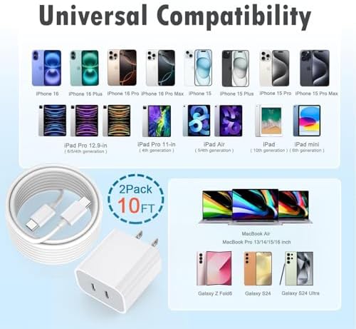 Dual USB-C Fast Charging Block for i Phone 16 | 2-Pack Adapter Set with USB-C Cables | Universal Compatibility for i Phone 15, i Pad Pro | Efficient PD Charging Solution for Home & Travel | Compact Design for On-the-Go Power Management