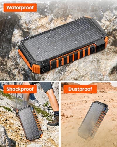 26800 m Ah Riapow Solar Power Bank – High-Capacity Wireless Portable Charger with USB C PD & QC3.0 Fast Charging – 4 Output Ports for Simultaneous Device Charging – Dual Flashlights for Camping & Emergency Use – Ultimate Outdoor Power Solution