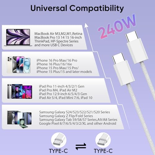 USB C to USB C,240W USB-C Woven Charge Cable,6.6ft 2Pack USB C Cable Fast Charging Cord for Apple MacBook Pro/MacBook Air,iPad Pro/Air,iPad mini,iPhone 16 15 Pro Max Plus Compatible 140W/100W/60W/45W – Enhanced Compatibility and Speed