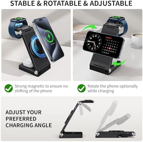 2025 Portable 3-in-1 Mag-Safe Fast Charging Station for i Phone, Apple Watch & Air Pods – Ultimate Travel Charger with Magnetic Design, Integrated Light, and Enhanced Compatibility for Modern Users – Ideal Gift for Tech Lovers