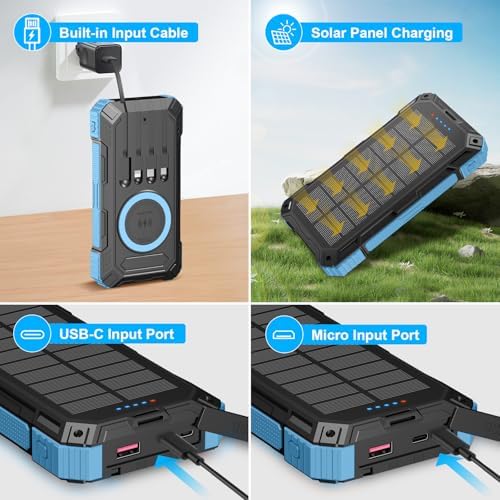 Ultra-Reliable 49,800 m Ah Solar Power Bank – High-Speed Wireless Charging with 4 Built-In Cables & 22.5 W QC3.0 Technology – IP65 Waterproof Emergency Battery for Outdoor Adventures – Charge 6 Devices Simultaneously, Compatible with Smartphones & Tablets