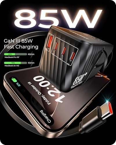 LENCENT 85 W Universal Travel Adapter with Retractable USB-C Cable – High-Speed International Plug Converter Featuring 3 Type-C & 1 USB-A Ports for Effortless Worldwide Charging – Your Ultimate Travel Essential for Maximum Compatibility, Fast Charging, and Ga N Technology Efficiency