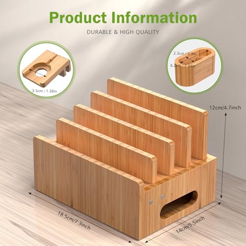 Eco-Friendly Bamboo 5-Port USB Charging Station: Versatile Multi-Device Organizer with Smartwatch and Earbuds Stand for Efficient Power Management – Perfect for Home and Office Use