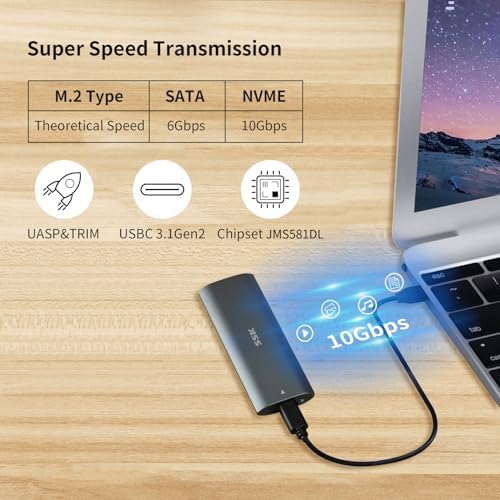 SSK Tool-Free M.2 NVME SATA SSD Enclosure Adapter – Ultra-Fast USB C 3.1/3.2 Gen 2 External Reader for PCIe and SATA SSDs – Optimized 10 Gbps Transfer Speeds – Compatible with 2230/2242/2260/2280 SSDs – Durable Aluminum Design for Enhanced Cooling and Portability – Ideal for Backup and Data Recovery Solutions