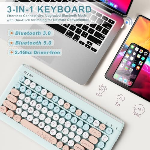 SADES Retro Wireless Bluetooth Keyboard for Mac, i Pad, i Phone, PC & Android – Multi-Device Connectivity & Portable Design with Vintage Round Keycaps – Perfect for Effortless Typing on the Go in Chic Pink