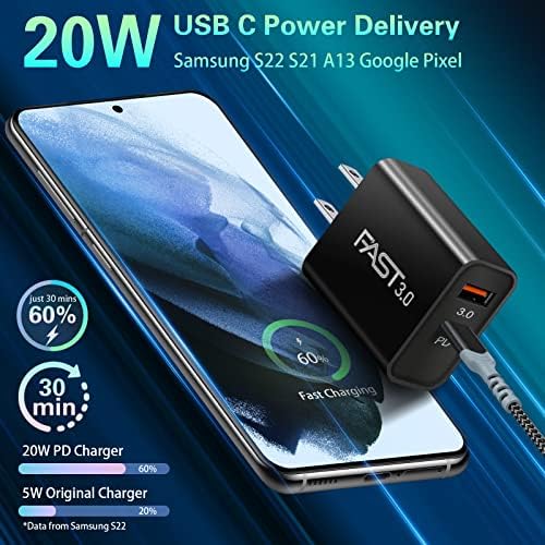 Dual Port Fast Charging Wall Adapter with 10 FT Right-Angle USB C Cable – 20 W USB-C Power Block for i Phone 16/15, Samsung Galaxy S25 Ultra, S24, S23, S10 – Efficient Charging Convenience for Home, Office, and Travel